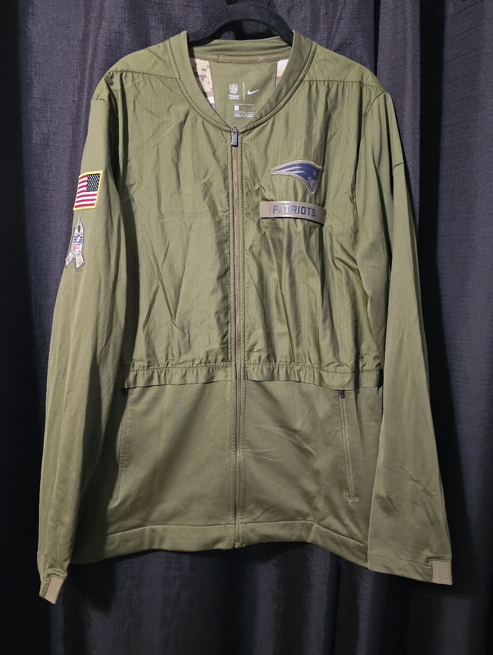 Nike Olive Green New England Patriots Zip Jacket with Team Patch